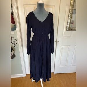 Miamine Navy Blue Long Sleeve Maxi Dress with Defined Waistand Buttons